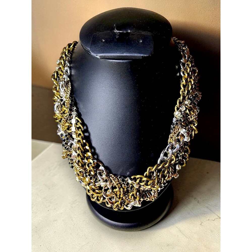 Chunky Mixed Metal Chain Bib Necklace Gold Silver Rhinestone Statement Collar Ad